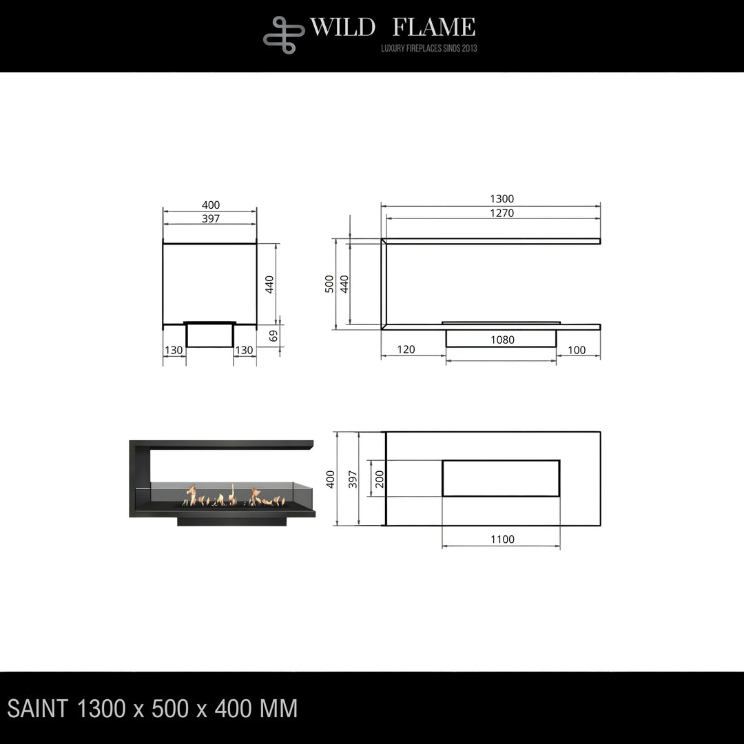 Dreiseitiger Bioethanol Einbaukamin U - SAINT 130