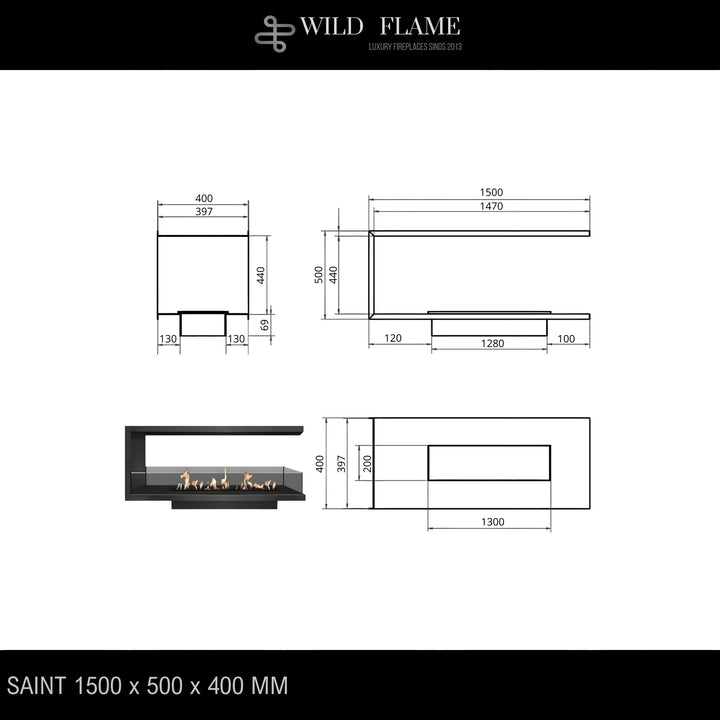Dreiseitiger Bioethanol Einbaukamin U - SAINT 150